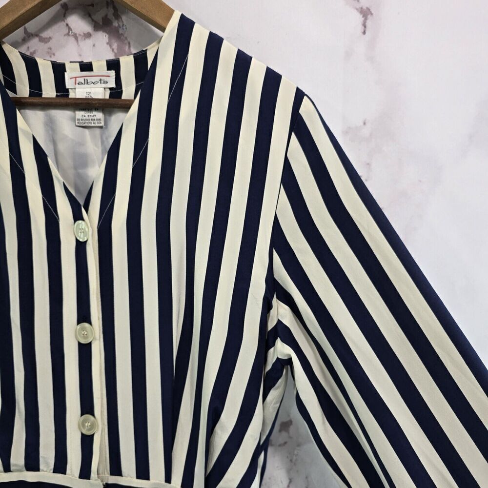 Vintage Silk Dress Womens Large 12 Navy Cream White Midi Maxi Striped Talbots - Picture 15 of 16